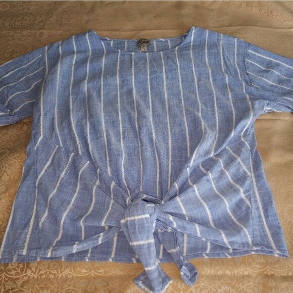 COMO Vintage Striped Blue White Dropped Shortsleeves Cotton Rayon Women's Top - Picture 1 of 8